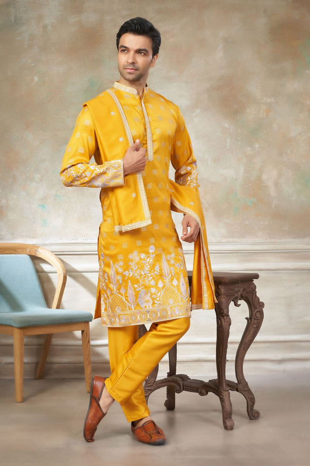 Mens Yellow Embroidered Silk Kurta Set with Dupatta (ACB1149)