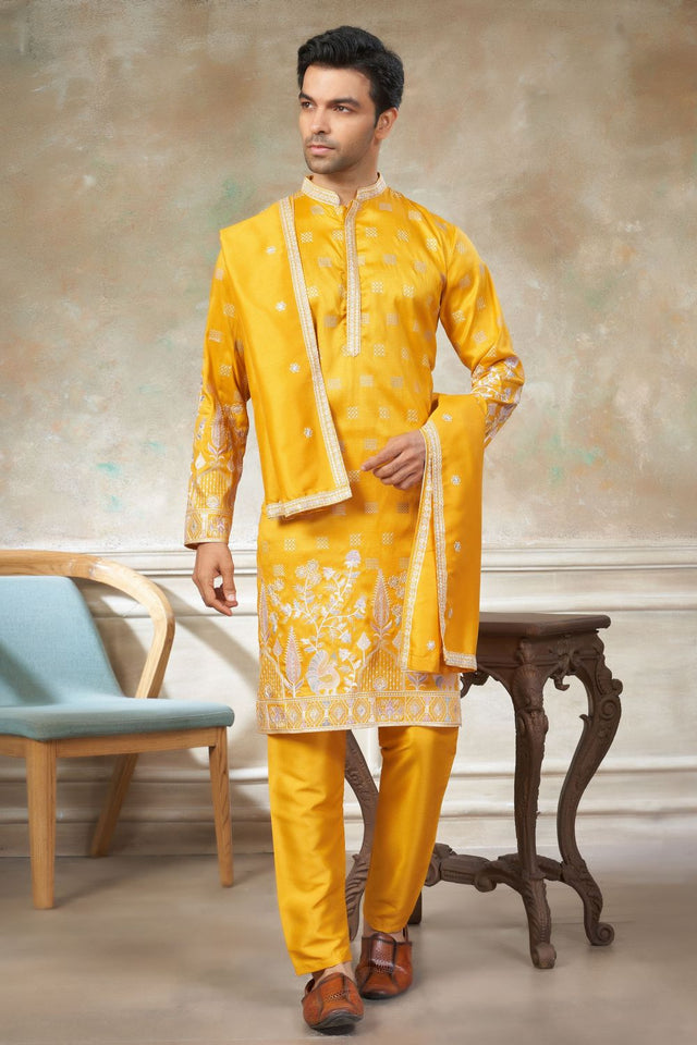 Mens Yellow Embroidered Silk Kurta Set with Dupatta (ACB1149)