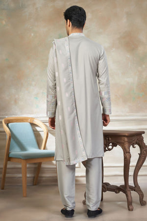 Mens Grey Embroidered Silk Kurta Set with Dupatta (ACB1150)