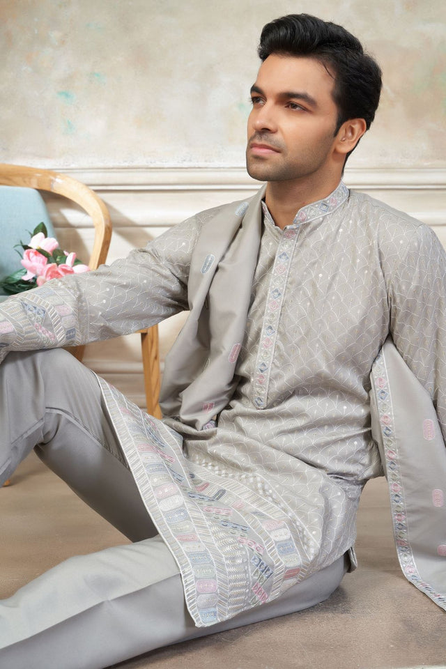 Mens Grey Embroidered Silk Kurta Set with Dupatta (ACB1150)