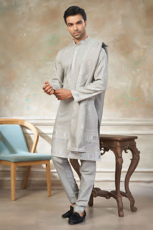 Mens Grey Embroidered Silk Kurta Set with Dupatta (ACB1150)