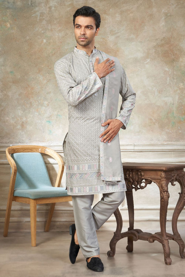 Mens Grey Embroidered Silk Kurta Set with Dupatta (ACB1150)