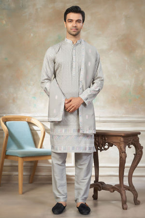 Mens Grey Embroidered Silk Kurta Set with Dupatta (ACB1150)