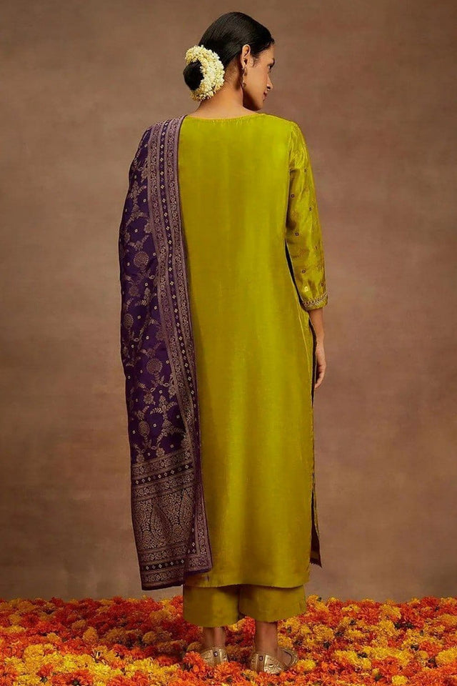 Mustard Embroidered Art Silk Kurti Pant Set (ACB1154)