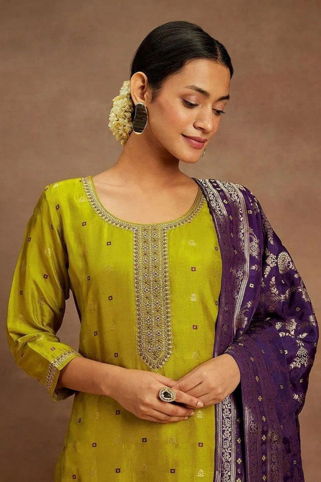Mustard Embroidered Art Silk Kurti Pant Set (ACB1154)