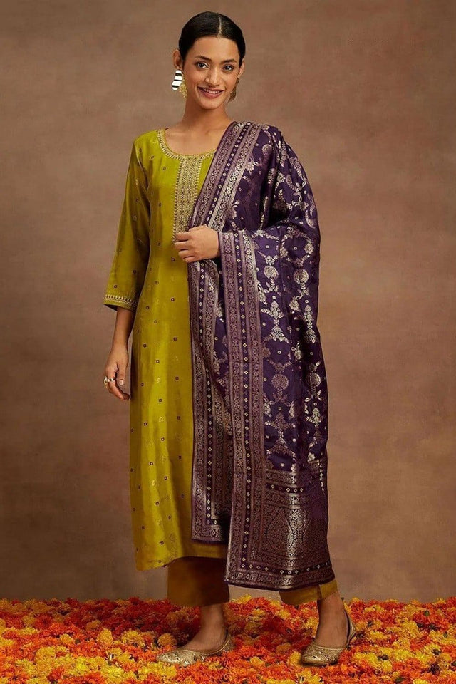 Mustard Embroidered Art Silk Kurti Pant Set (ACB1154)
