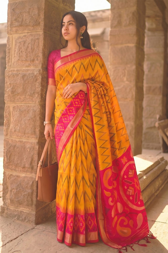 Mustard Printed Soft Silk Saree (ACB1157)