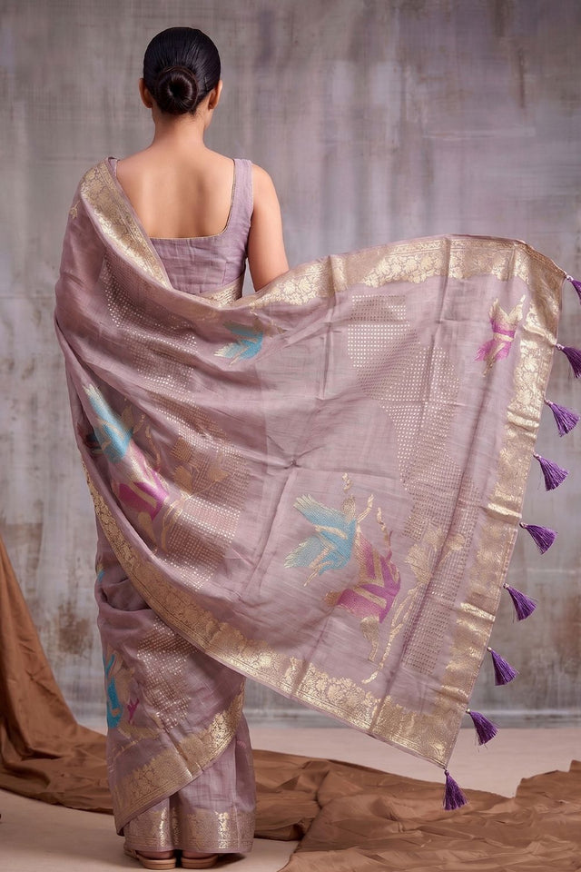 Purple Woven Linen Saree (ACB1161)