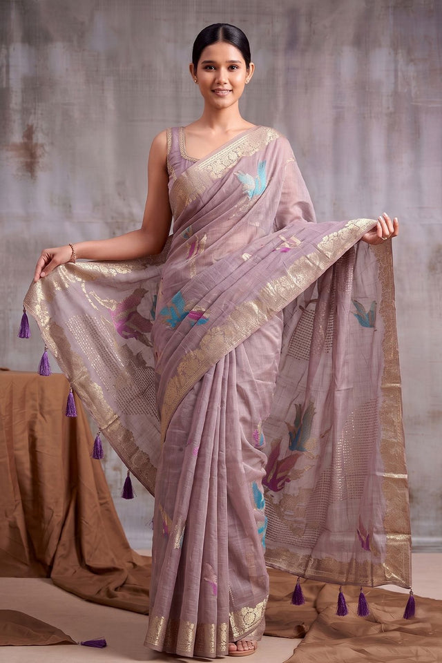 Purple Woven Linen Saree (ACB1161)