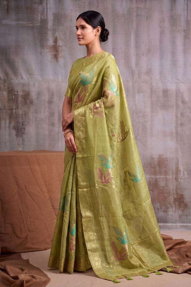Green Woven Linen Saree (ACB1162)
