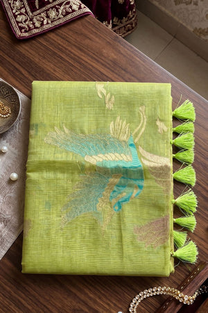 Green Woven Linen Saree (ACB1162)