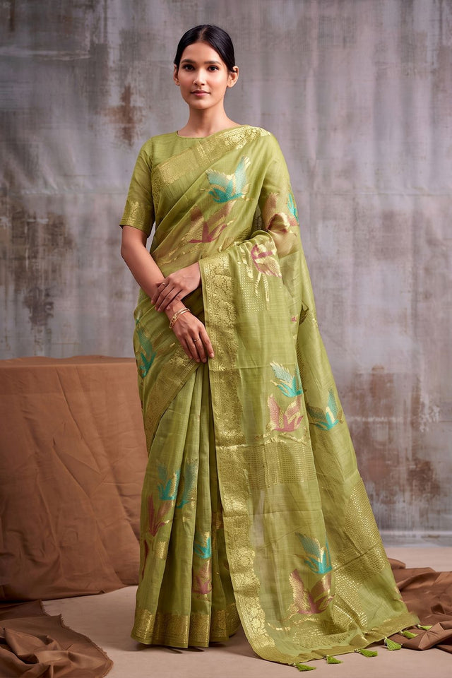 Green Woven Linen Saree (ACB1162)