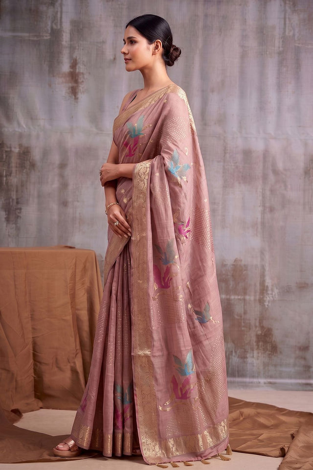 Pink Woven Linen Saree (ACB1163)