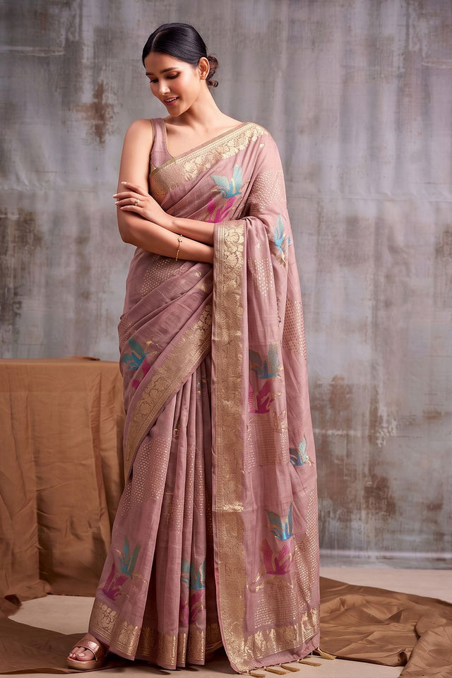 Pink Woven Linen Saree (ACB1163)