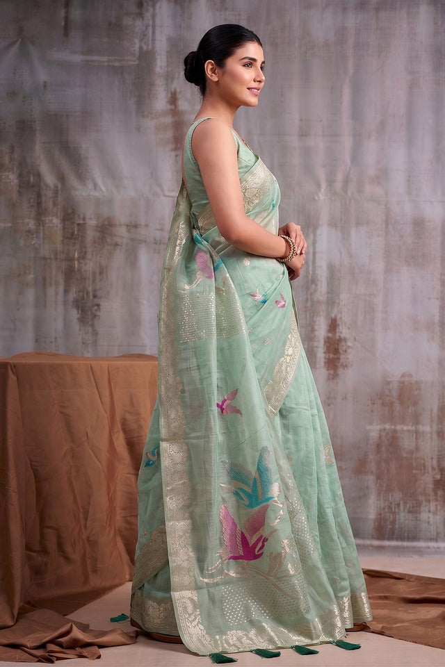 Sea Green Woven Linen Saree (ACB1164)
