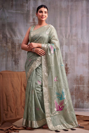 Sea Green Woven Linen Saree (ACB1164)