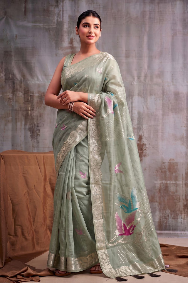 Sea Green Woven Linen Saree (ACB1164)