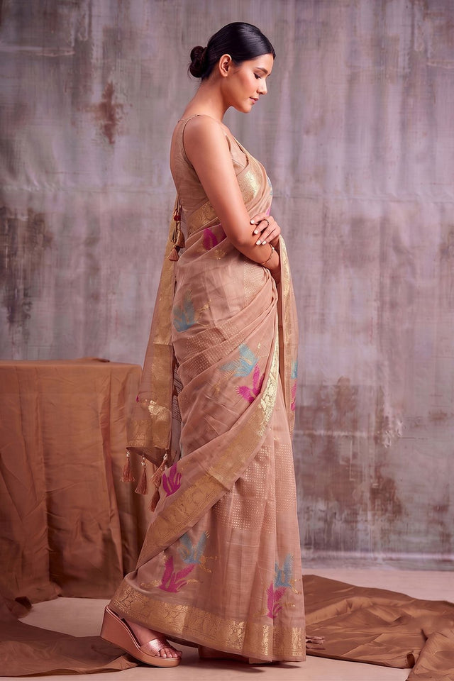 Beige Woven Linen Saree (ACB1166)
