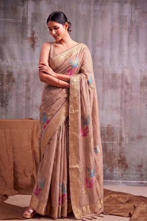 Beige Woven Linen Saree (ACB1166)