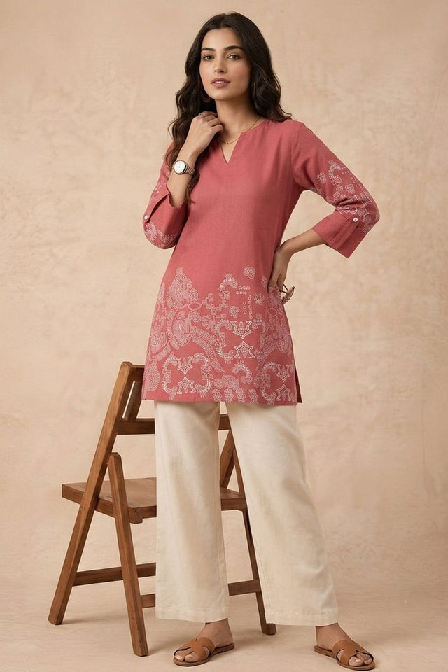 Pink Printed Linen Short Top (ACB1167)