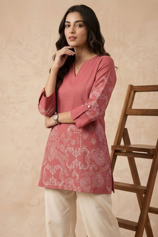 Pink Printed Linen Short Top (ACB1167)