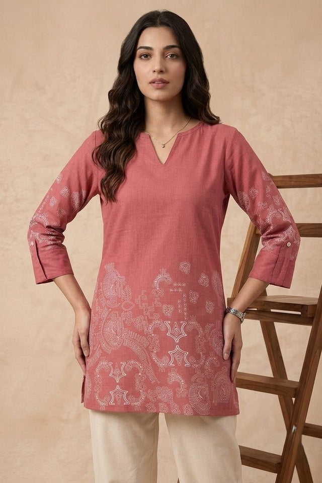 Pink Printed Linen Short Top (ACB1167)