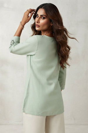 Sea Green Embroidered Linen Short Top (ACB1168)