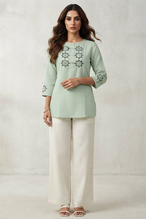 Sea Green Embroidered Linen Short Top (ACB1168)