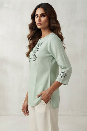 Sea Green Embroidered Linen Short Top (ACB1168)