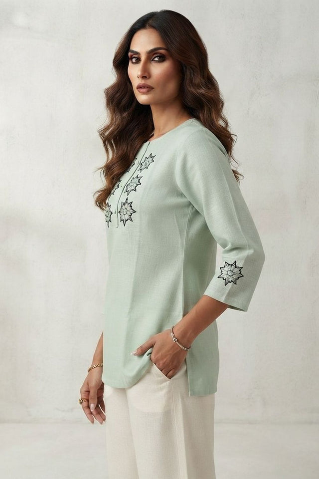 Sea Green Embroidered Linen Short Top (ACB1168)
