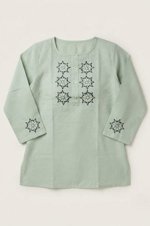 Sea Green Embroidered Linen Short Top (ACB1168)