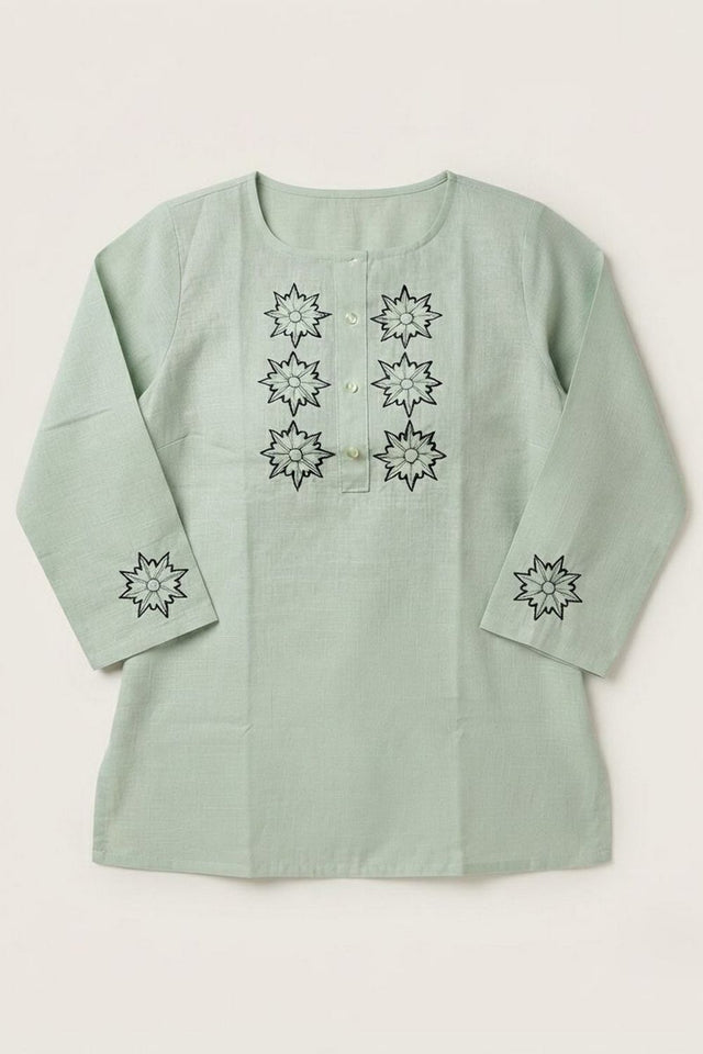 Sea Green Embroidered Linen Short Top (ACB1168)