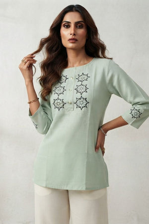 Sea Green Embroidered Linen Short Top (ACB1168)