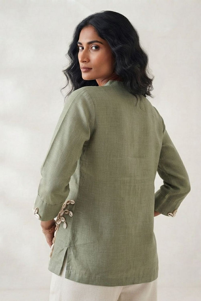 Olive Green Embellished Linen Short Top (ACB1169)