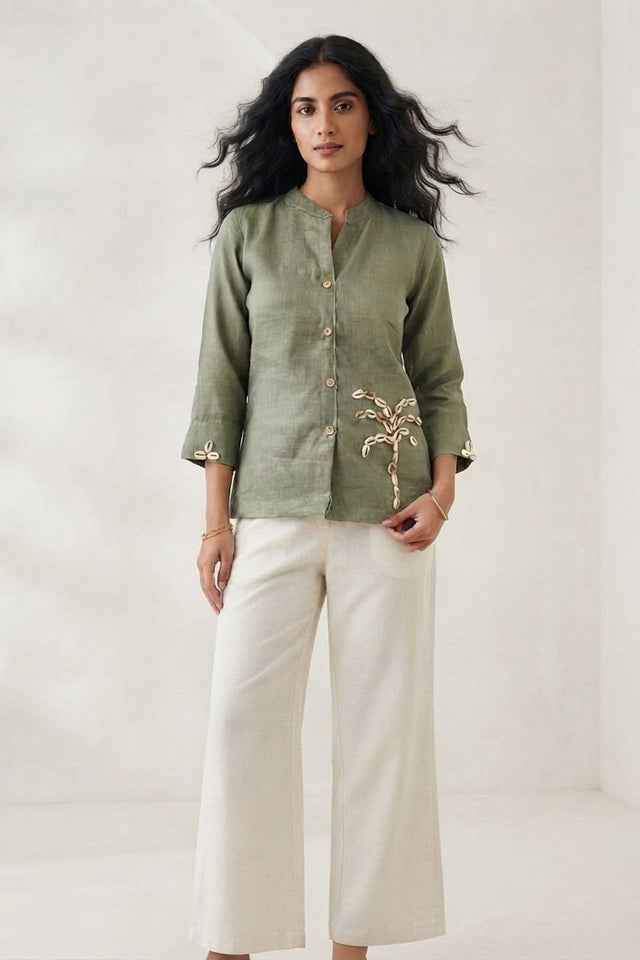 Olive Green Embellished Linen Short Top (ACB1169)