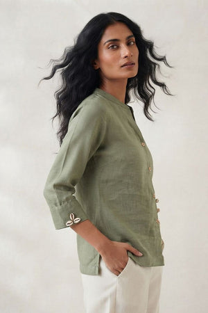 Olive Green Embellished Linen Short Top (ACB1169)