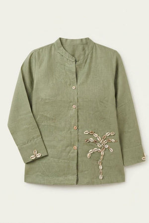 Olive Green Embellished Linen Short Top (ACB1169)