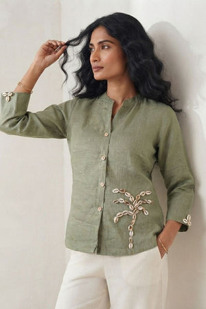 Olive Green Embellished Linen Short Top (ACB1169)