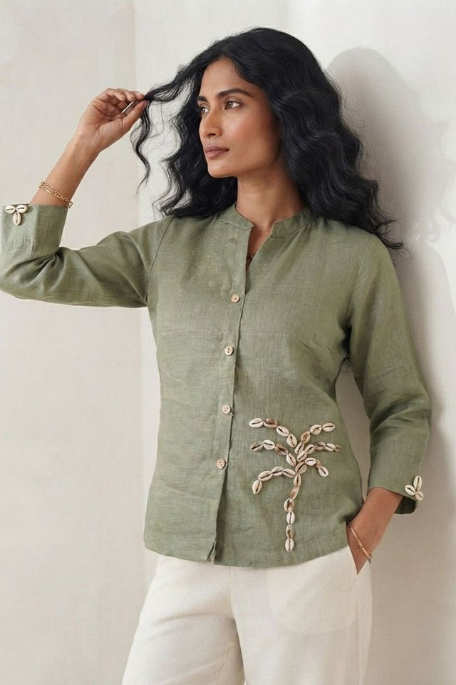 Olive Green Embellished Linen Short Top (ACB1169)