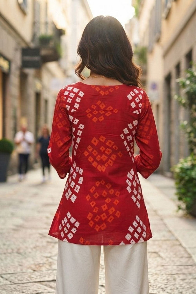 Red Bandhani Printed Cotton Short Top (ACB1170)