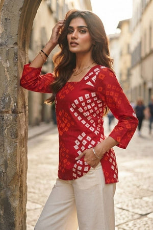 Red Bandhani Printed Cotton Short Top (ACB1170)