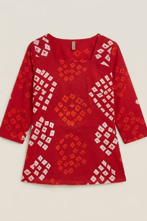 Red Bandhani Printed Cotton Short Top (ACB1170)