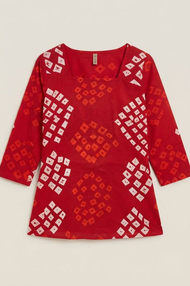 Red Bandhani Printed Cotton Short Top (ACB1170)