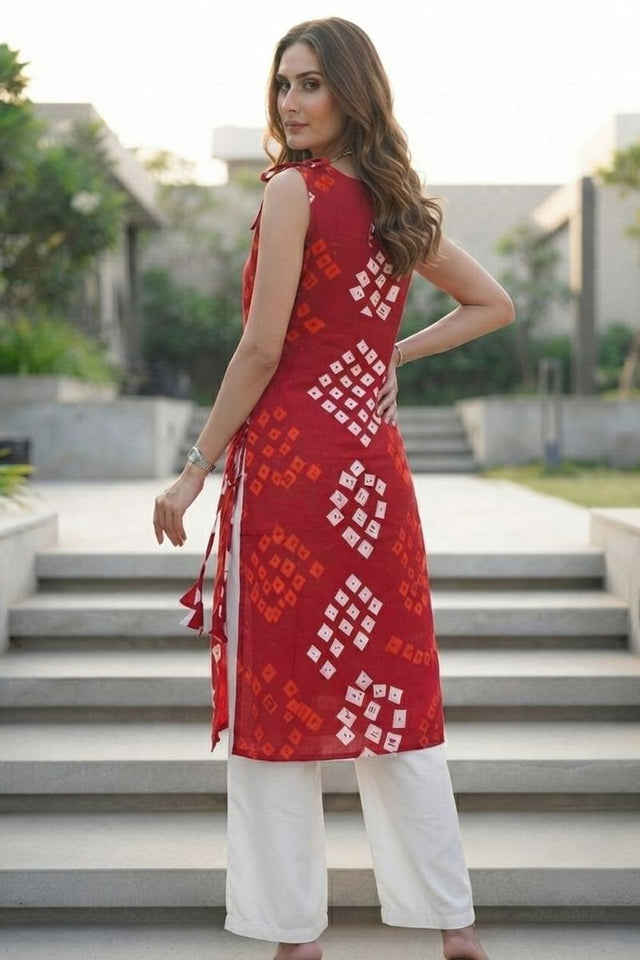 Red Bandhani Printed Cotton Short Top (ACB1171)