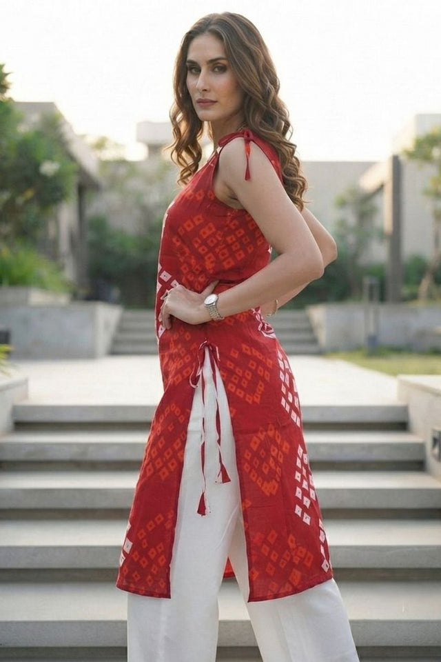 Red Bandhani Printed Cotton Short Top (ACB1171)