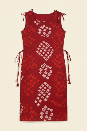 Red Bandhani Printed Cotton Short Top (ACB1171)