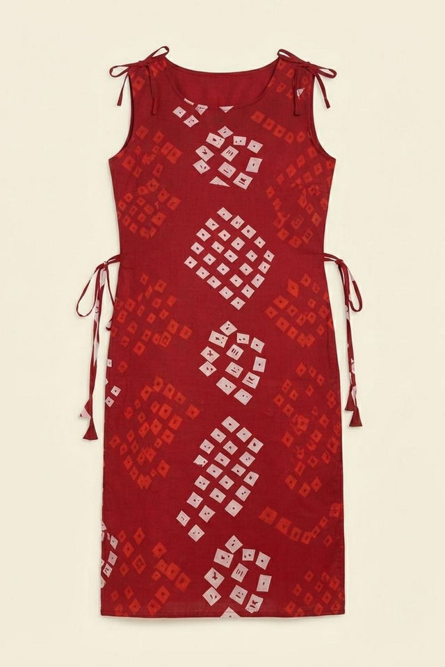 Red Bandhani Printed Cotton Short Top (ACB1171)