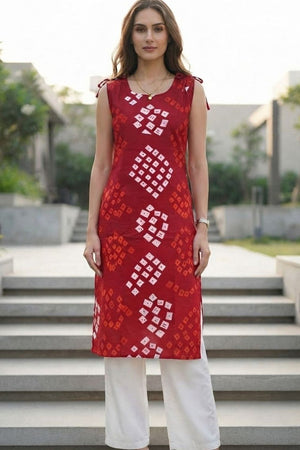 Red Bandhani Printed Cotton Short Top (ACB1171)