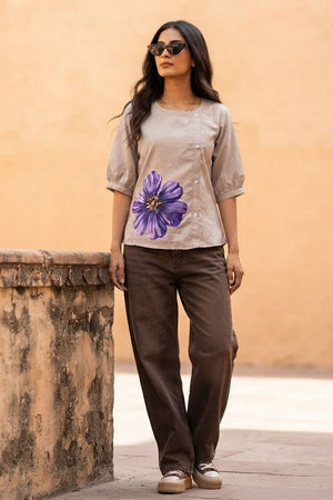 Grey Floral Printed Cotton Short Top (ACB1172)
