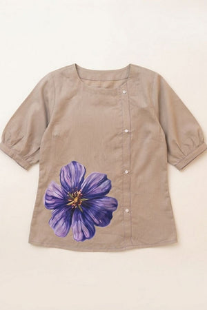 Grey Floral Printed Cotton Short Top (ACB1172)